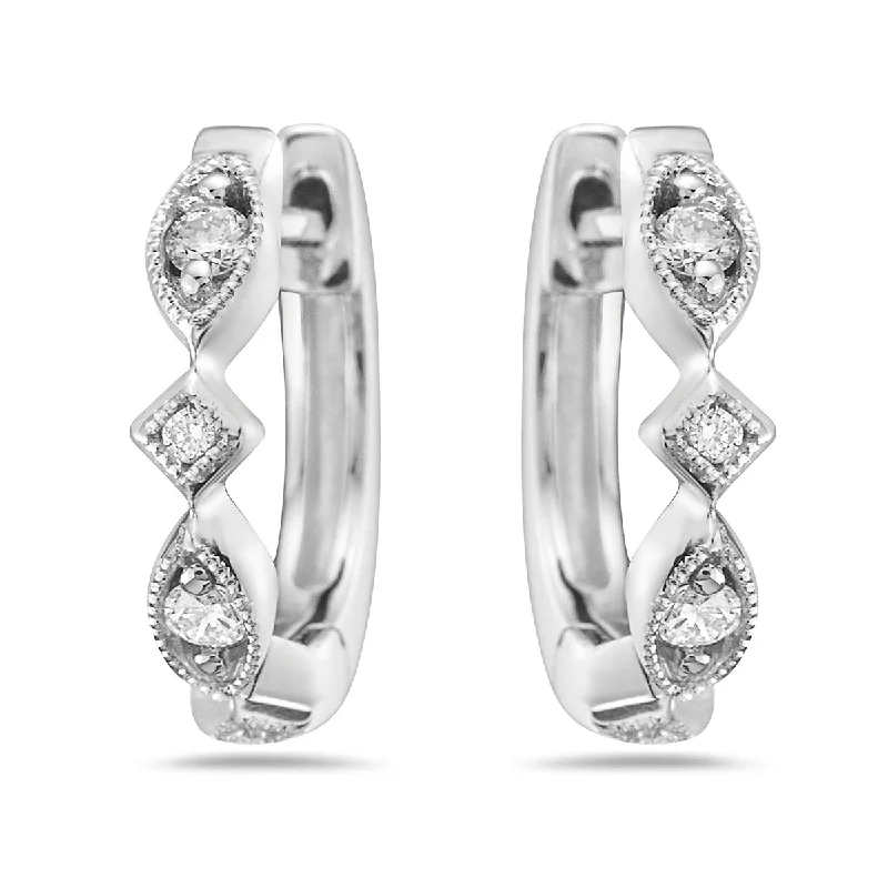 Dual-side earrings-18KWG 0.14CTW BR DIA MIXED SHAPE MILGRAIN HUGGIE HOOP EARRINGS