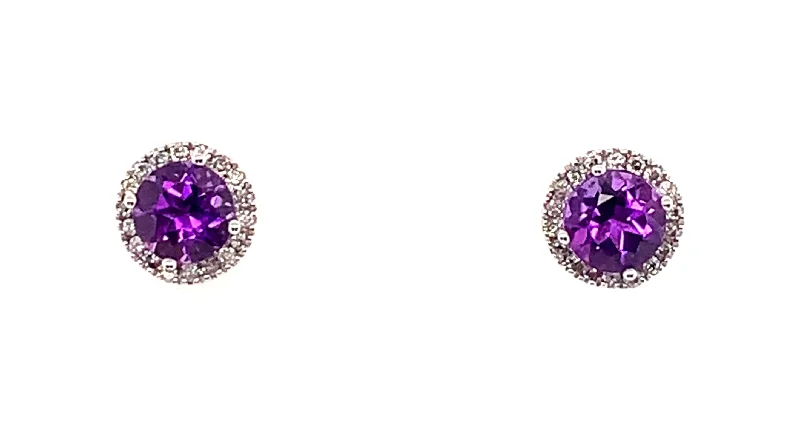 Half crescent earrings-9ct White Gold Amethyst And Diamond Round Stud Earrings