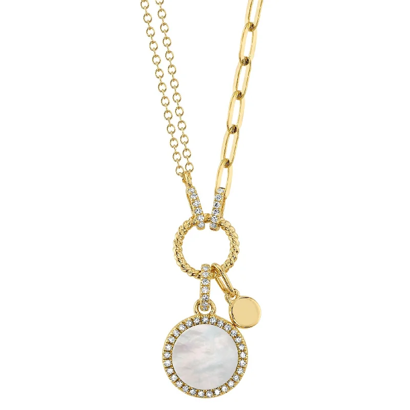 Half crescent necklaces-0.13CT DIAMOND & 0.57CT MOTHER OF PEARL CIRCLE PAPER CLIP LINK NECKLACE