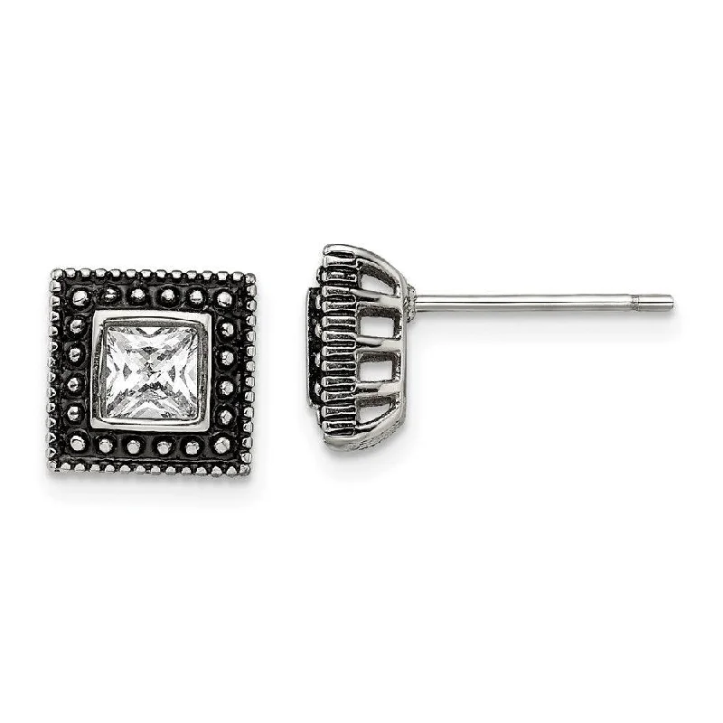 Old clip earrings-Stainless Steel Square CZ Antiqued Post Earrings