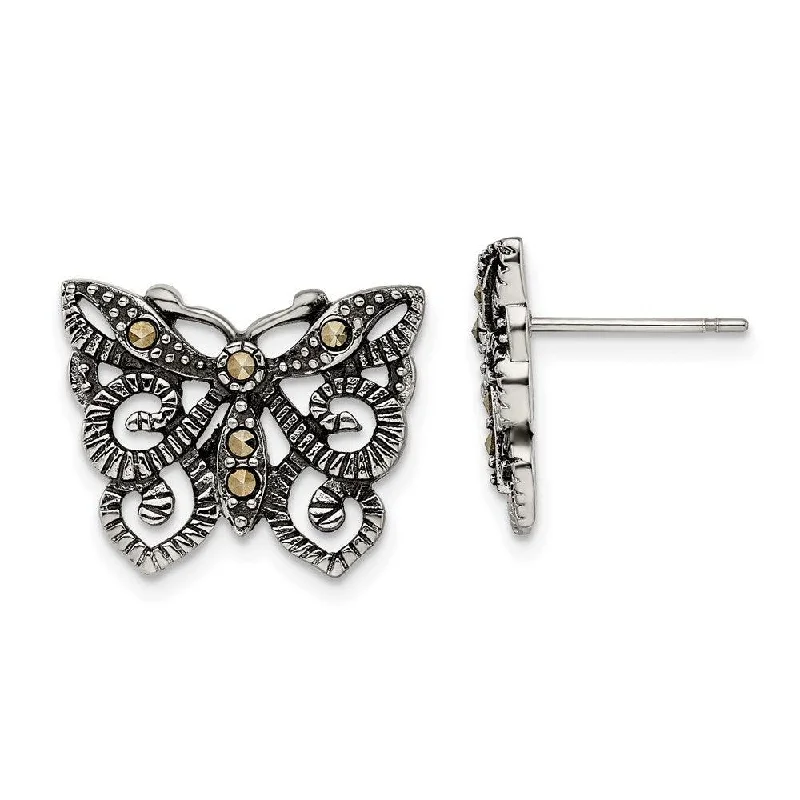 Plaited cord earrings-Stainless Steel Butterfly Marcasite Post Earrings