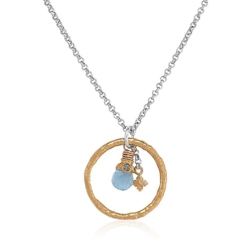 Thin filigree necklaces-Hammered Two-tone Circle Necklace with Aquamarine Briolette