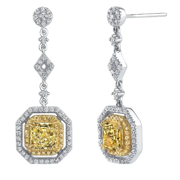 Sleek drop earrings-2.30 Ct. Canary Fancy Yellow Cushion Cut Halo Diamond Earrings VS1 GIA Certified