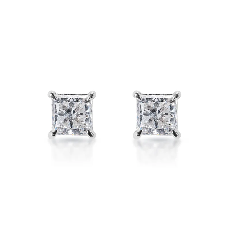 Nomad braid earrings-Lorraine Rachel 3 Carat Princess Cut Lab Grown Diamond Stud Earrings in 14k White Gold | IGI Certified