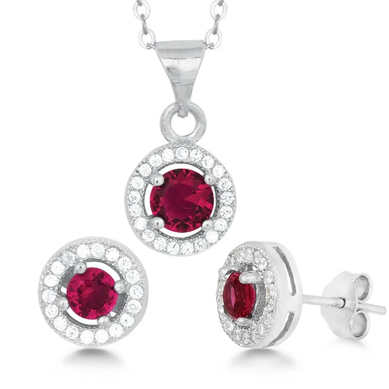 Topaz drop earrings-Classic Women's Pendant and Earrings Set - Sterling Silver Red CZ with Chain | SET-429