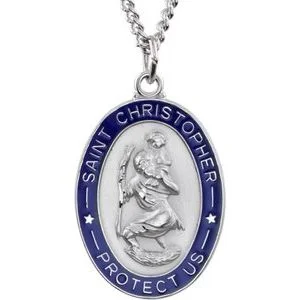 Retro photo necklaces-Sterling Silver 26x20 mm Blue Enamel St. Christopher Medal 24" Necklace