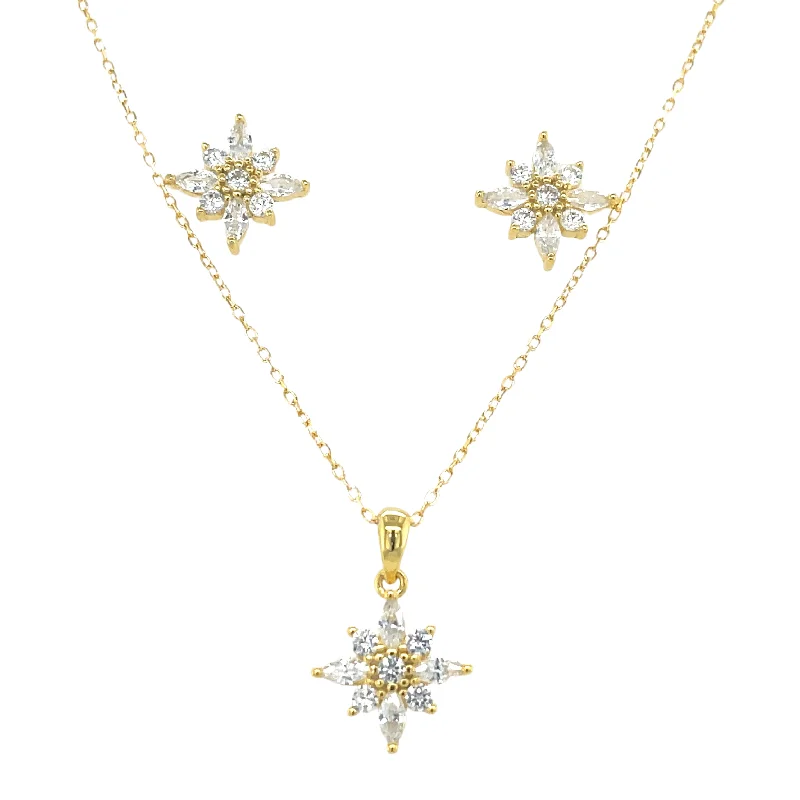 Tiered dangle earrings-Golden Floral Cz Pendant And Earring Set