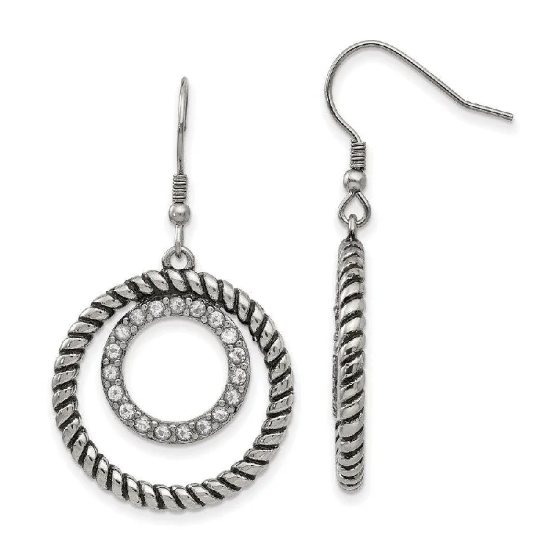 Wide hoop earrings-Stainless Steel Polished and Antiqued CZ Circle Dangle Earrings