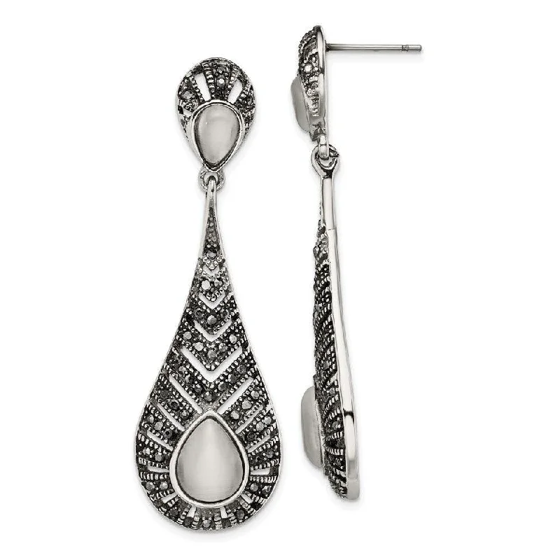 Wide dangle earrings-Stainless Steel Polished Marcasite Cat's Eye Post Dangle Earrings