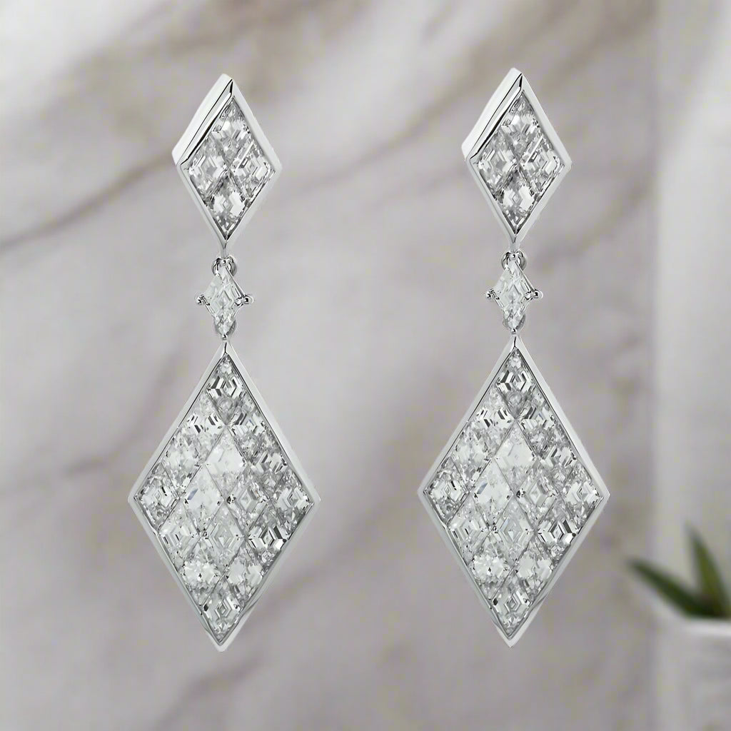 Oval drop earrings-Leyna 8 Carats Three Tier Emerald Cut Lab Grown Diamond Drop Earrings in 14K White Gold