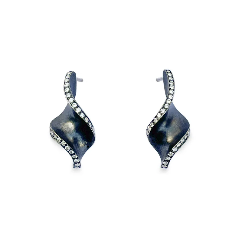 Sleek drop earrings-On The Edge Pirouette Diamond and Oxidized Silver Earrings