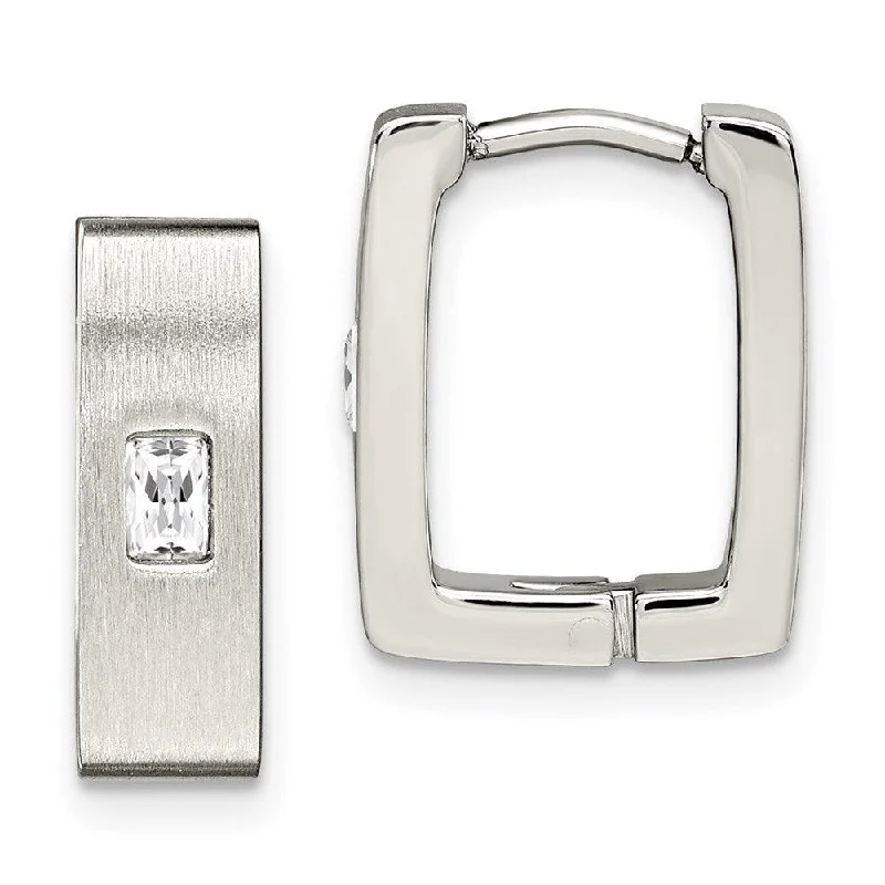 Fold knot earrings-Stainless Steel CZ Brushed & Polished Square Hinged Earrings