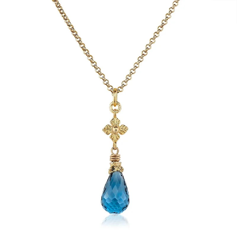 Flat gem necklaces-London Blue Topaz Necklace with Flower Detail in Gold