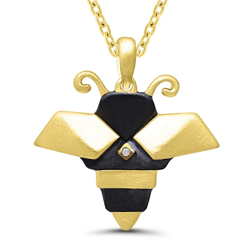 Layered metal necklaces-Sterling Silver Yellow Gold Plated Satin Finish Bee Necklace