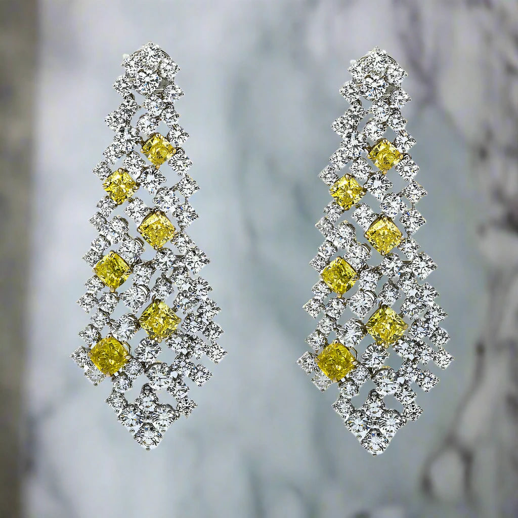 Flat knot earrings-Giuliana 15 Carats Round & Cushion Cut Lab Grown Fancy Yellow Diamond Chandelier Drop Earrings in 18K White Gold