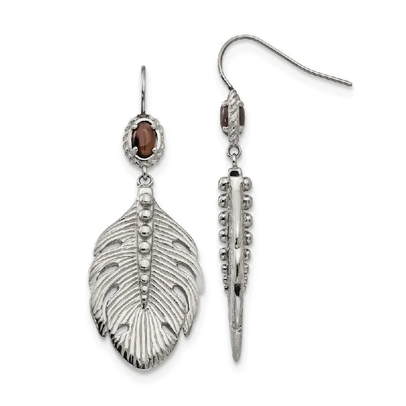 Fluid design earrings-Stainless Steel Polished Smoky Quartz Feather Earrings