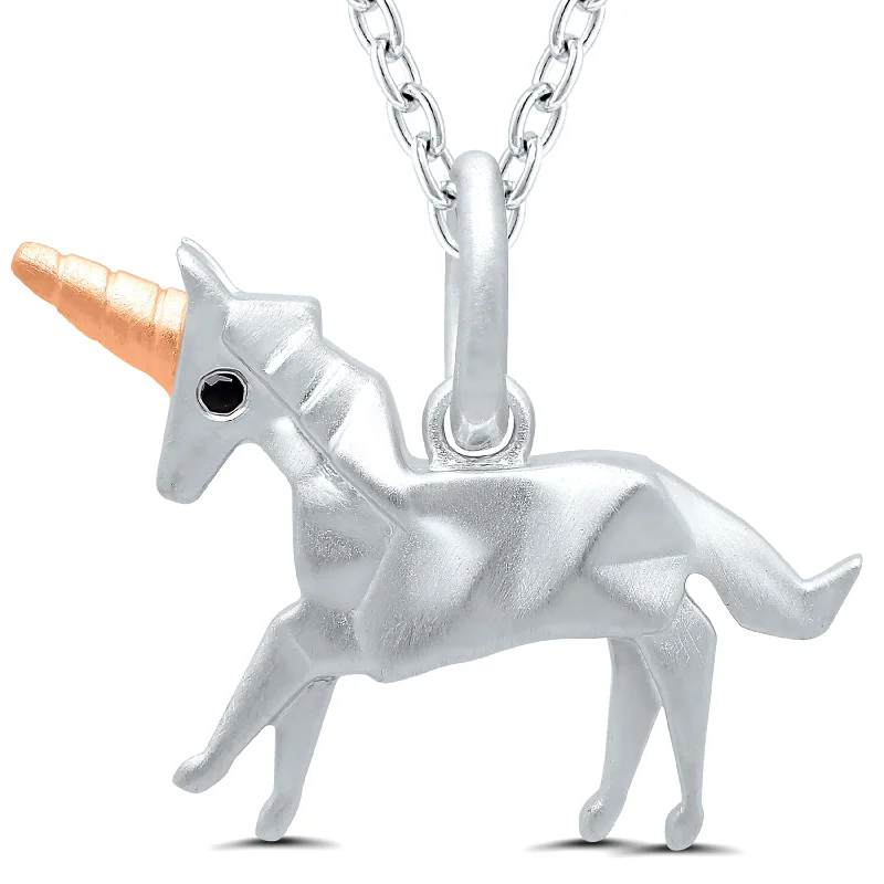 Multi-link necklaces-Sterling Silver Unicorn Necklace with Rose Gold Horn and Diamond Eyes