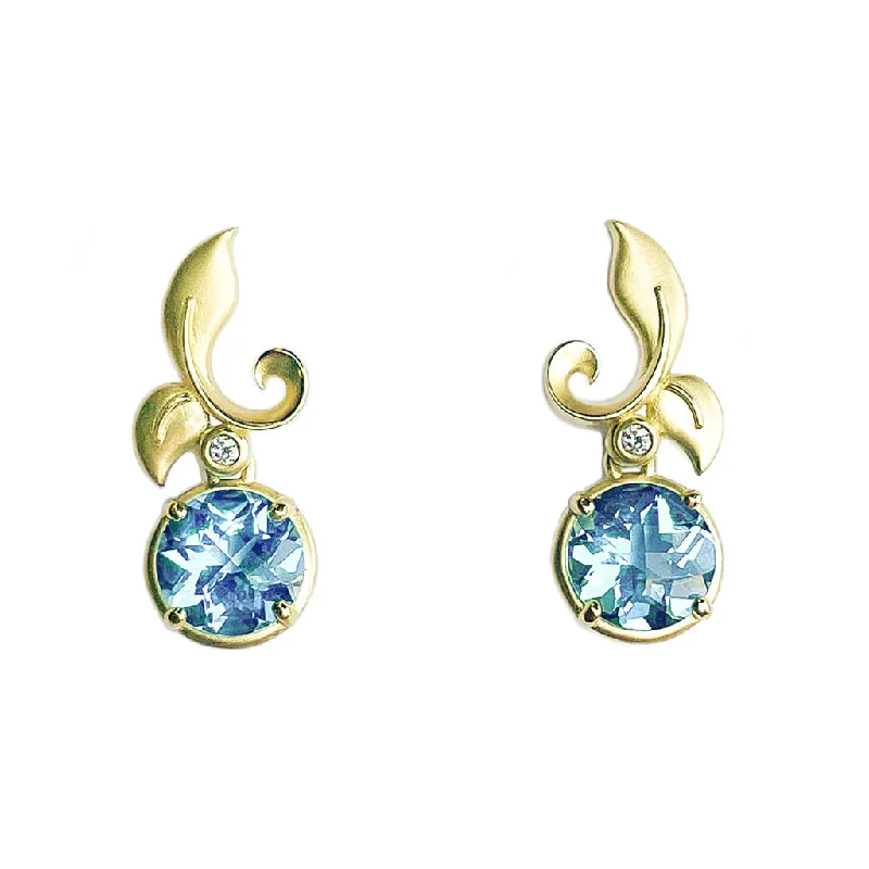 Pure pearl earrings-Leaf Yellow Gold, Blue Topaz and Diamond Drop Earrings