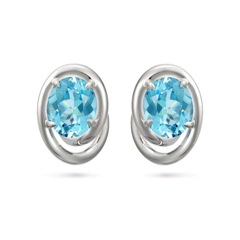 Pure drop earrings-Contour Swirl Oval Blue Topaz and White Gold Earrings