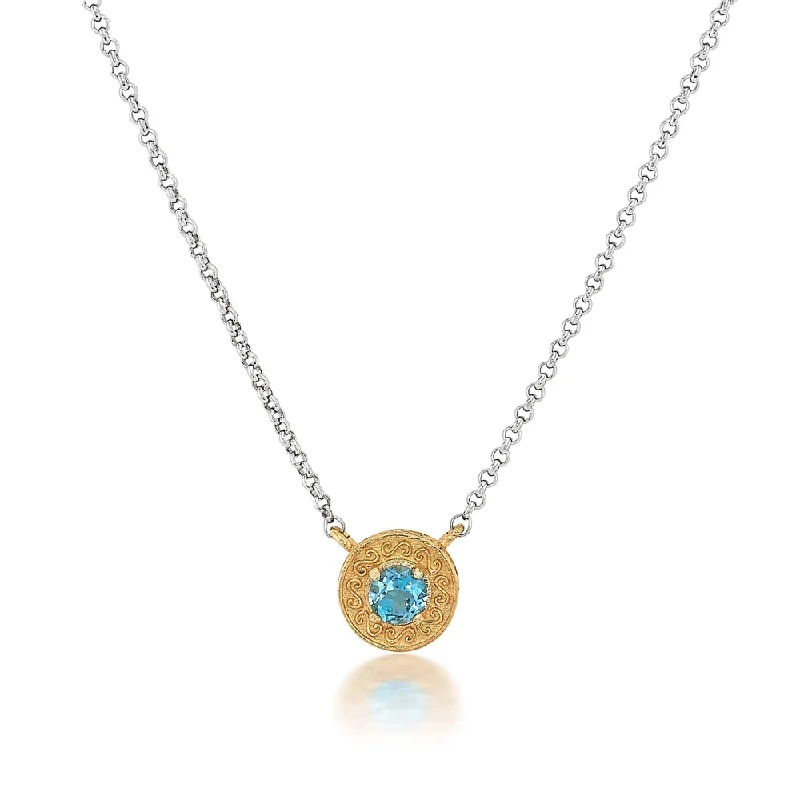 Agate gem necklaces-Engraved Disc Two-tone Necklace in Blue Topaz