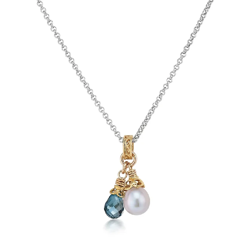 Neat-line necklaces-London Blue Topaz and Gray Pearl Two-tone Drop Necklace