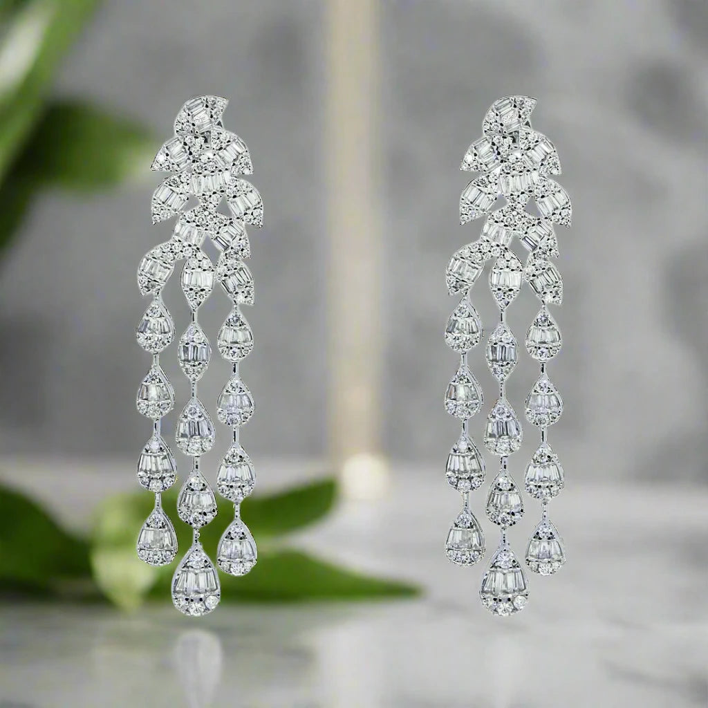 Wide dangle earrings-Bowie 5 Carats Baguette and Round Diamond Three Tier Raindrop Earrings in 14K White Gold