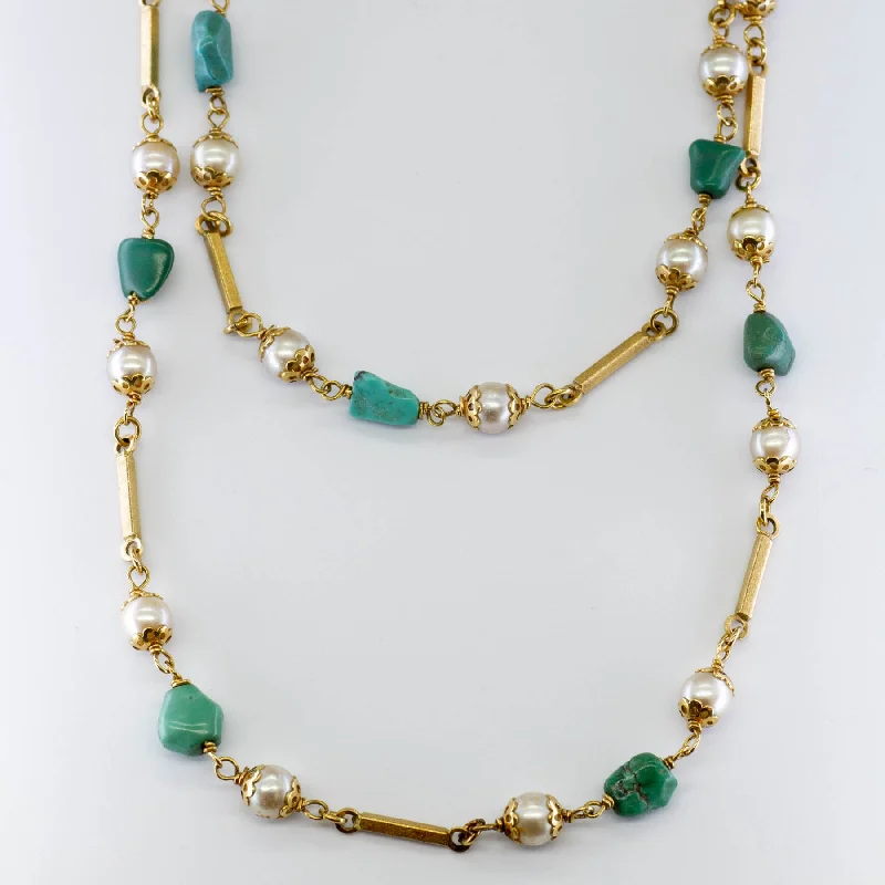 Joy charm necklaces-Pearls and Turquoise Beads Necklace | 36"|