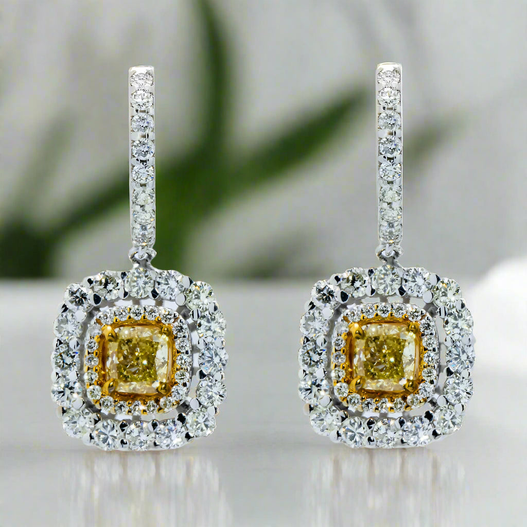 Bead strand earrings-Norine 3 Carats Cushion Cut Fancy Yellow Diamond Drop Earrings in 14K White Gold