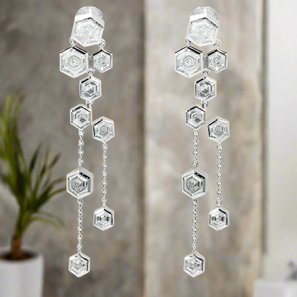 Sleek hoop earrings-Leeron 9 Carats Hexagonal Geometric Lab Grown Diamond Drop Earrings in 14K White Gold