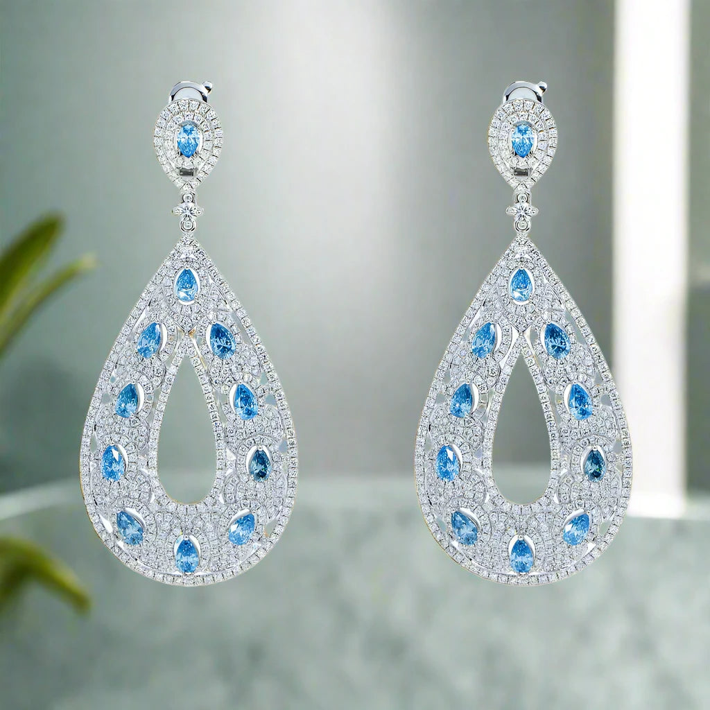 Sky charm earrings-Delilah 12 Carats Lab Grown Blue Diamond Raindrop Earrings in 18K White Gold