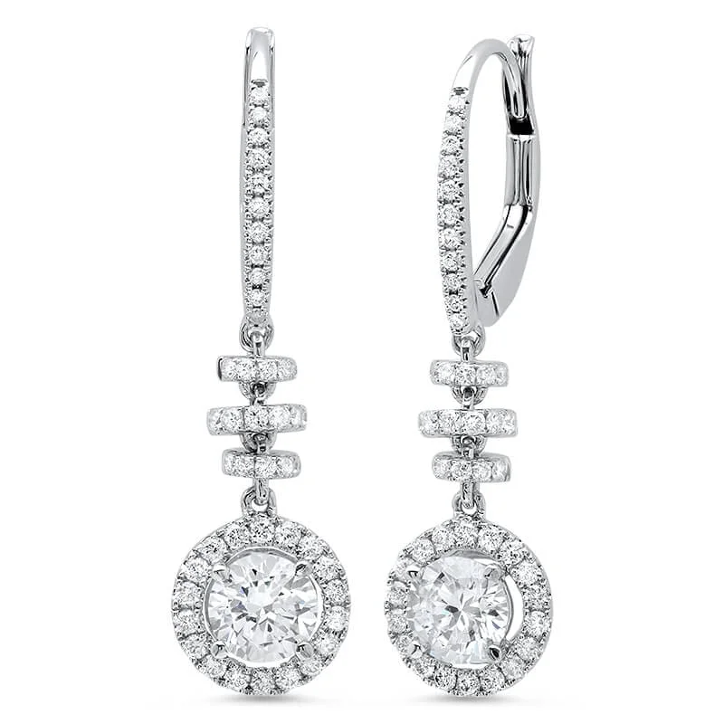 Thai tile earrings-1.14 ct. Dangling Lever Back Halo Round Diamond Earrings