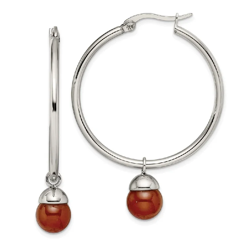 Flat hoop earrings-Stainless Steel Polished Hoop w/Red Agate Bead Earrings