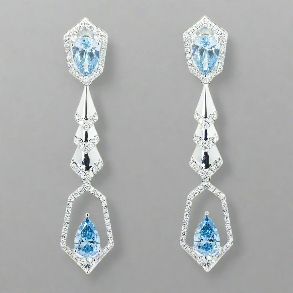 Agate earrings-Adalee 6 Carats Long Lab Grown Earrings Fancy Vivid Blue Diamond Geometric Drop Earrings in 18K White Gold