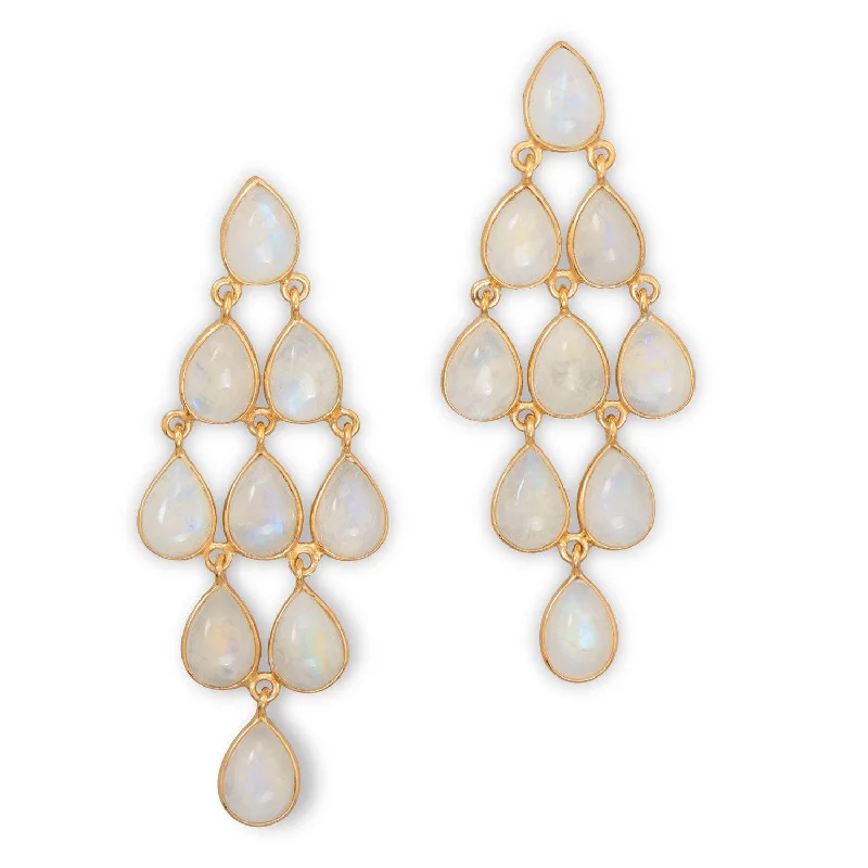 Thin silk earrings-Rainbow Moonstone Chandelier Earrings Gold-plated Sterling Silver Teardrop