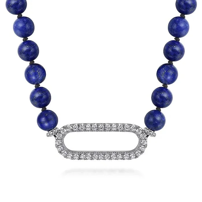 Half crescent necklaces-Sterling Silver White Sapphire and Lapis Beads 17 Inch Necklace