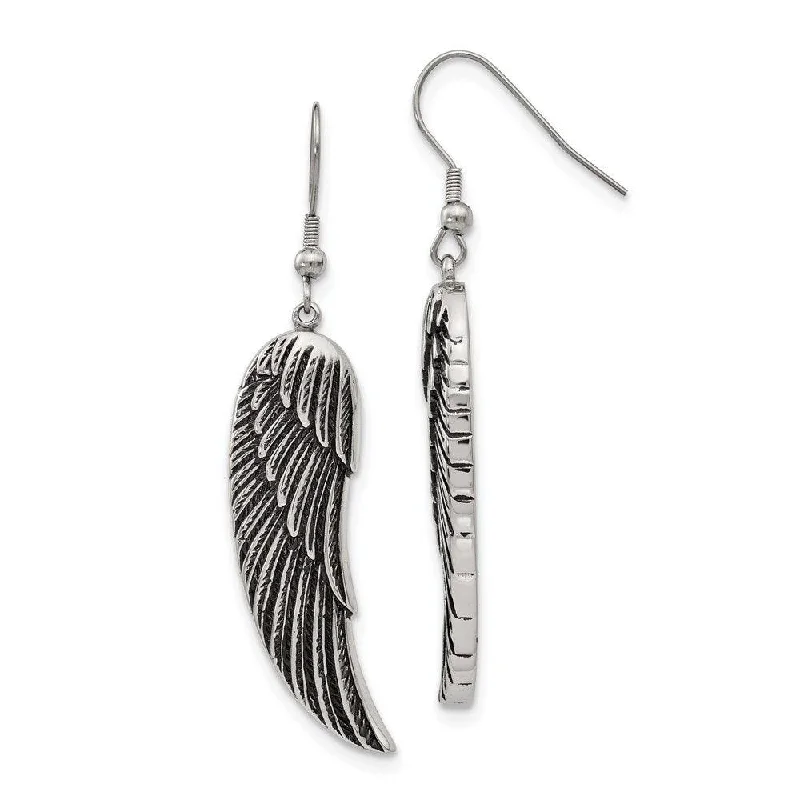 Swirl shape earrings-Stainless Steel Antiqued Shepherd Hook Dangle Wing Earrings