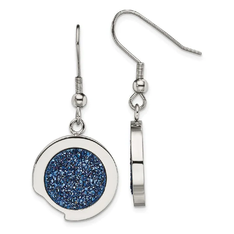 Thin bead earrings-Stainless Steel Polished with Blue Druzy Stone Earrings