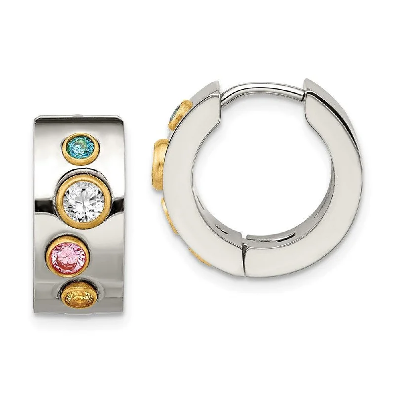 Thin enamel earrings-Stainless Steel Multicolor CZ & IP-plated Hinged Hoop Earrings