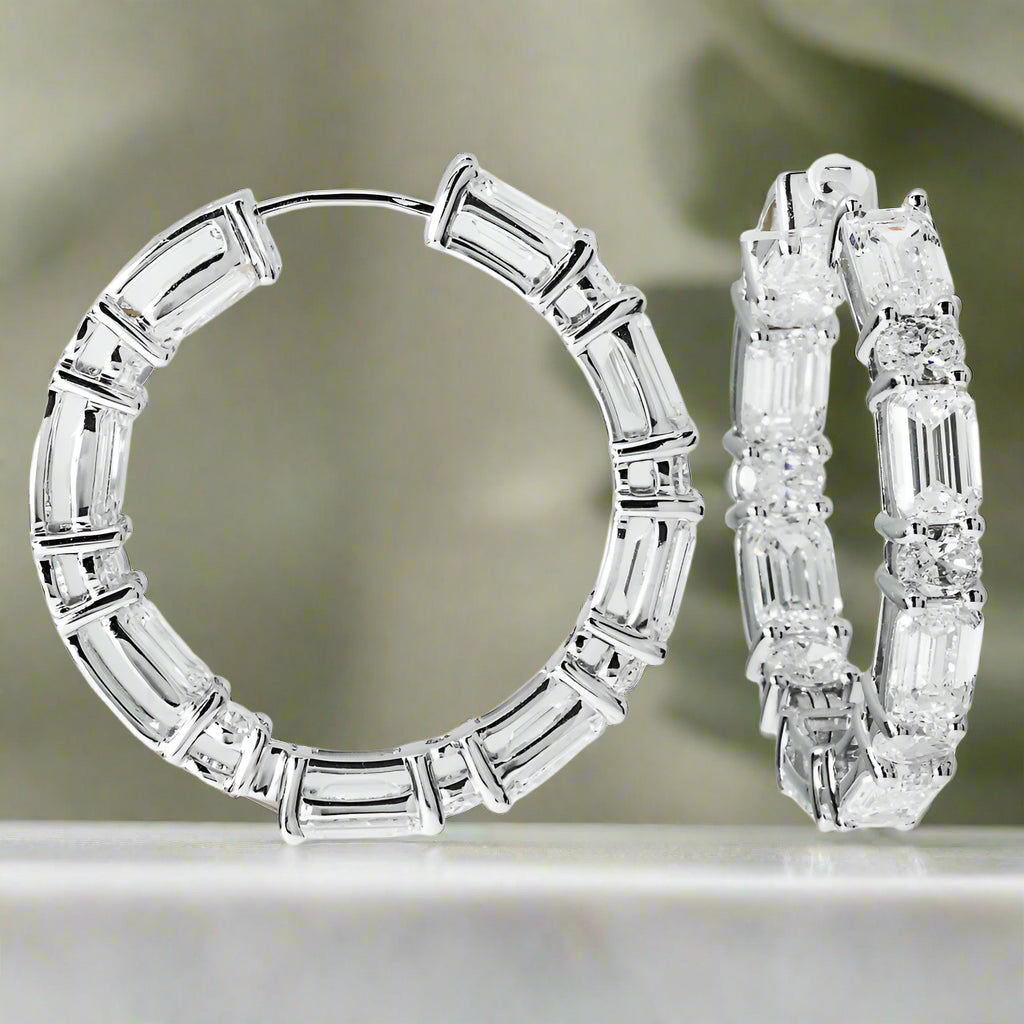 Tide motif earrings-Lexy 12 Carats Lab Grown Round & Emerald Cut Diamond Inside Out Hoop Earrings in 14k White Gold