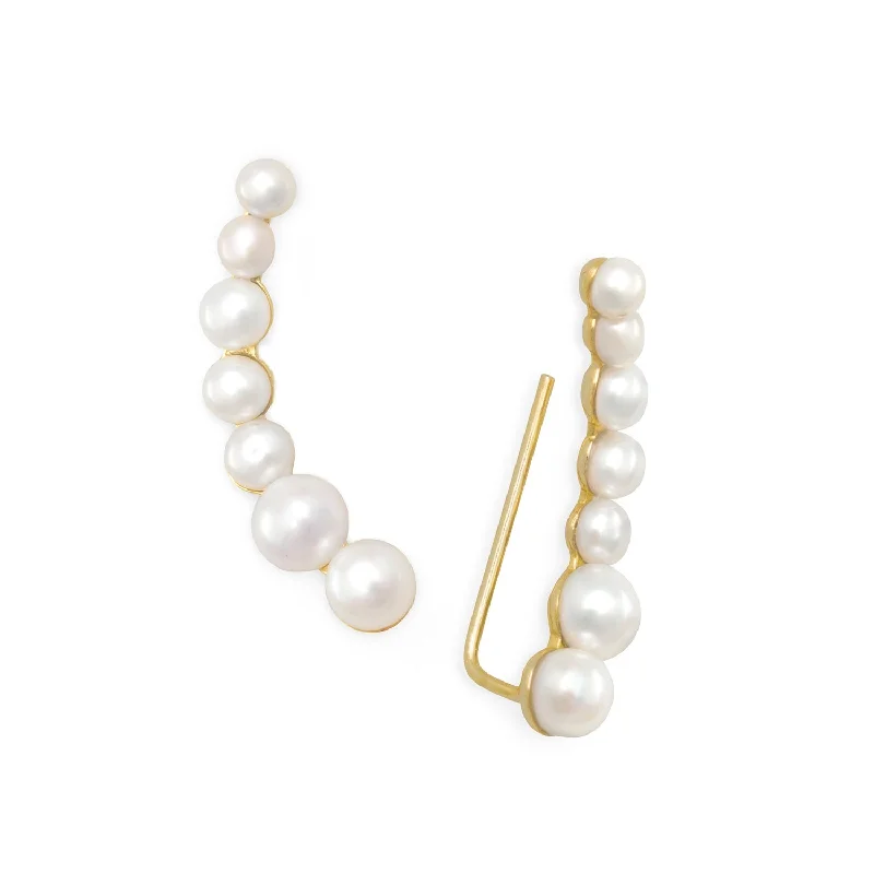 High shine earrings-Ear Climber Earrings White Cultured Freshwater Pearls Gold-plated Sterling Silver