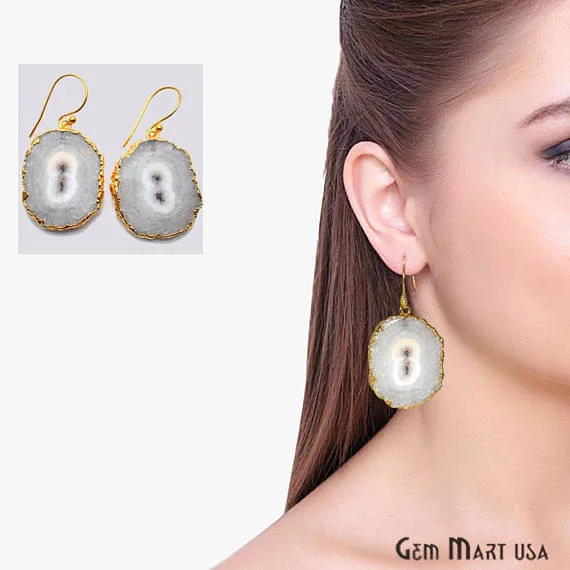 Bloom hoop earrings-White Solar Druzy Organic Shape Gold Electroplated 32x25mm Dangle Hook Earring