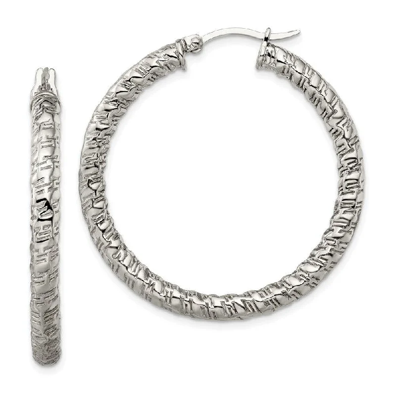 Bloom pattern earrings-Stainless Steel Polished Textured Hollow Hoop Earrings