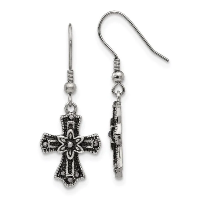 Nomad feather earrings-Stainless Steel Antiqued Blk Crystal Cross Shepherds Hook Earrings