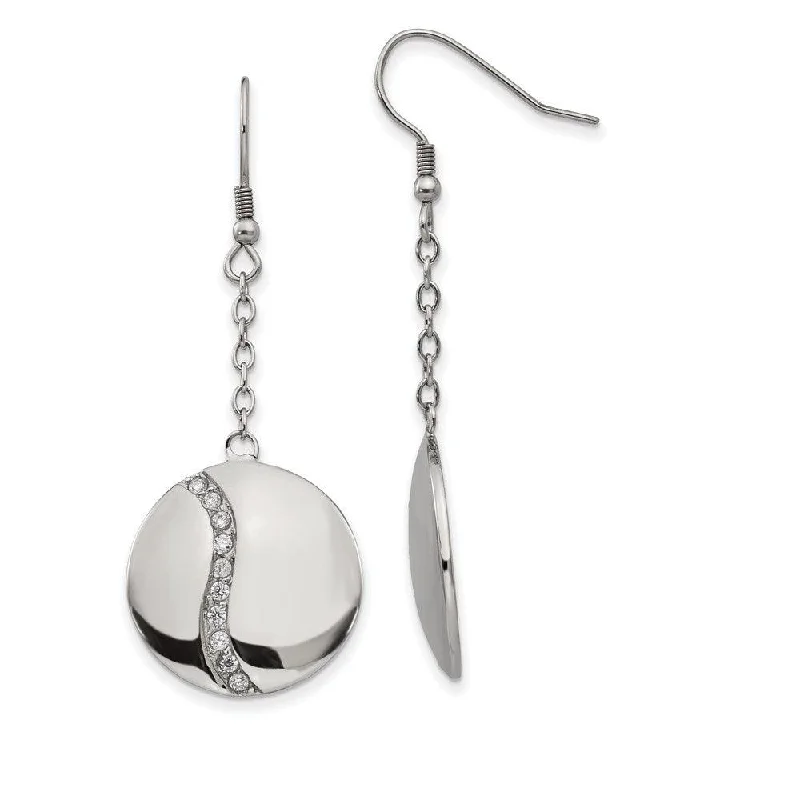 Fine cord earrings-Stainless Steel Polished w/ CZ Dangle Shepherd Hook Earrings