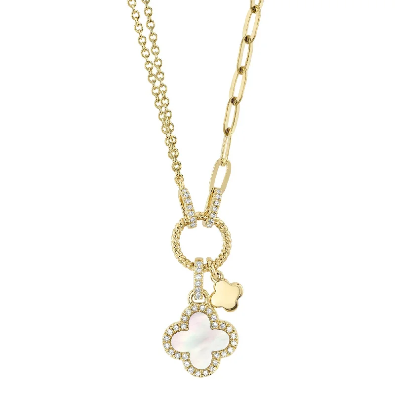 Oval drop necklaces-0.12CT DIAMOND & 0.54CT MOTHER OF PEARL CLOVER PAPER CLIP LINK NECKLACE