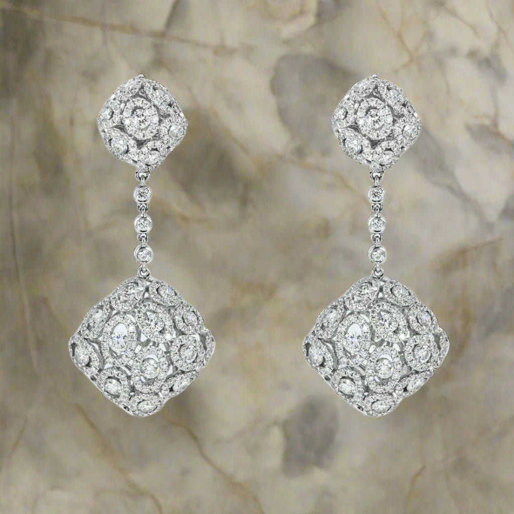 Thick bar earrings-Etta 12 Carats Round Cut Detailed Diamond Drop Earrings in 18K White Gold