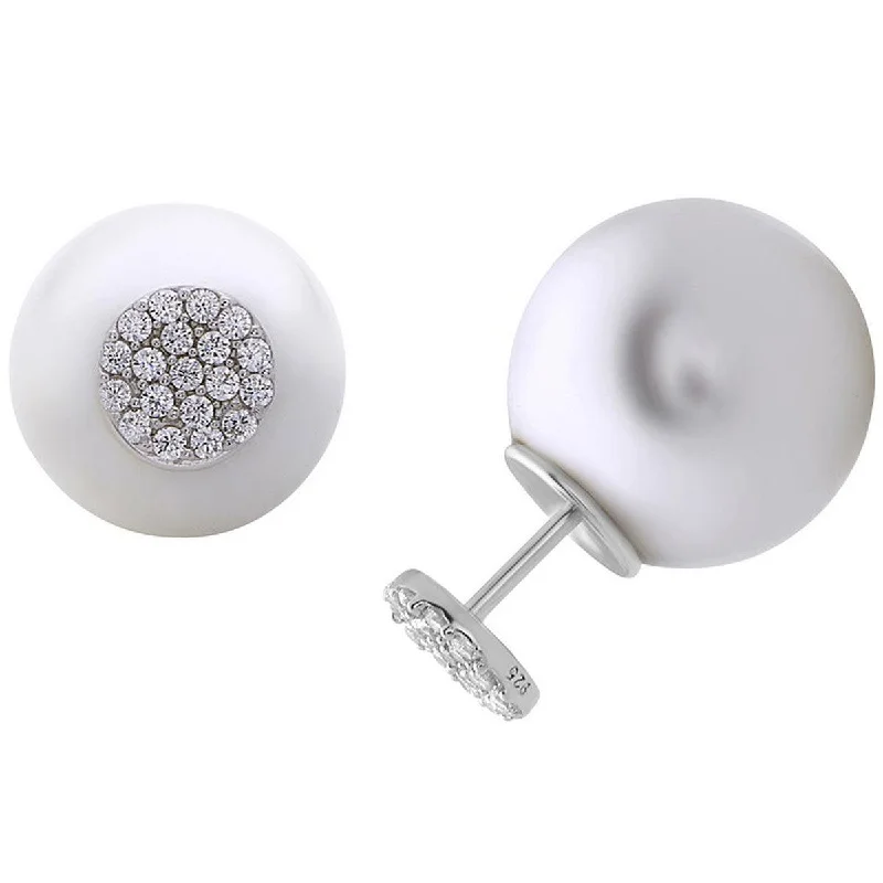 Flat drop earrings-Classic Women's Earrings - Sterling Silver CZ Disc Front with Pearl Back | D-5667