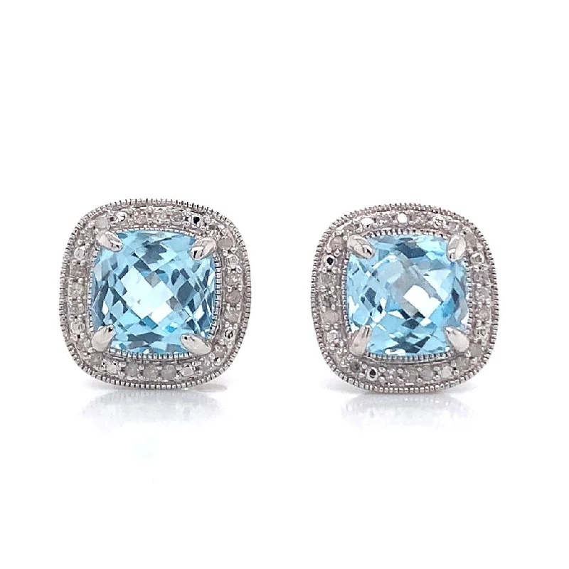 Cord fringe earrings-9ct White Gold Cushion Cut Earth Grown Blue Topaz And Diamond Stud Earrings