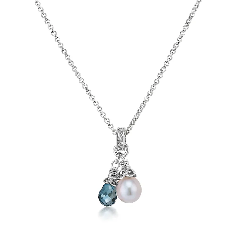 Hovering gem necklaces-London Blue Topaz and Gray Pearl Drop Necklace in Silver