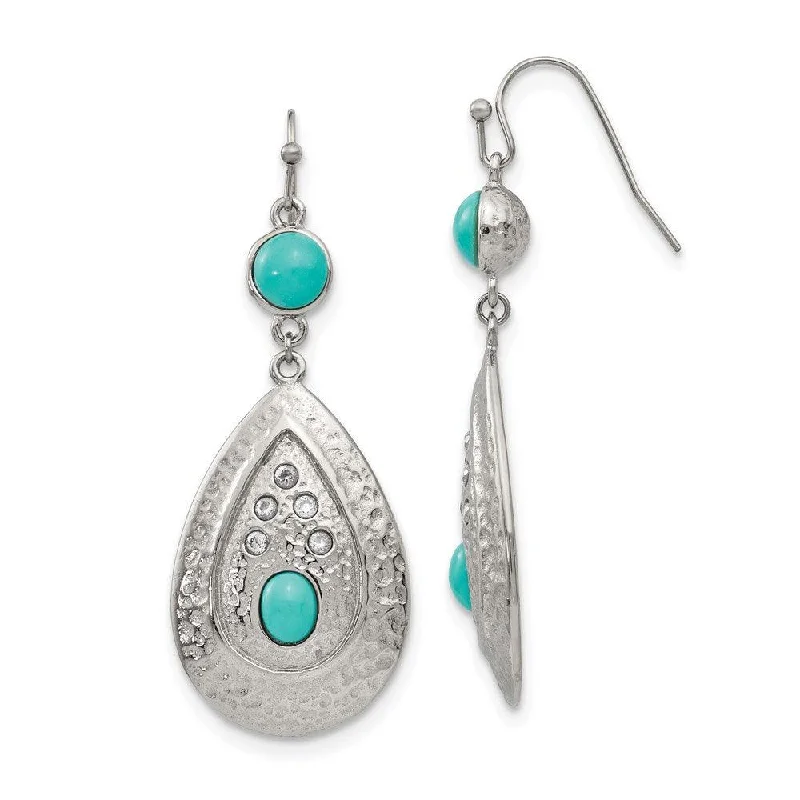 Oval drop earrings-Stainless Steel Polished/Hammered Imitation Turquoise/CZ Earrings